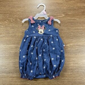 Disney Baby Minnie Mouse Denim Bubble Romper 0-3M Sleeveless Daisy Gingham Bow